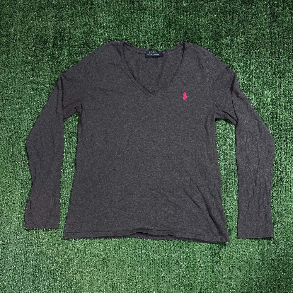 Women’s Polo Ralph Lauren Charcoal Long Sleeve V-Neck Top Pink Pony Large